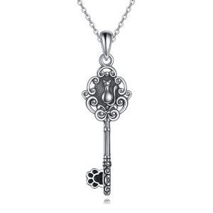 Sterling Silver Oxidized Cat Key Pendant Necklaces-0