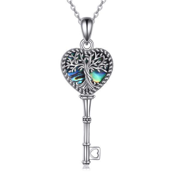 Sterling Silver Abalone Shell Tree of Life Key Pendant Necklaces-0