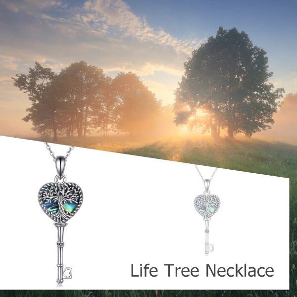 Sterling Silver Abalone Shell Tree of Life Key Pendant Necklaces-5