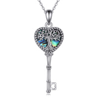wholesale 925 Sterling Silver Abalone Shell Heart Tree of Life Pendant with Key Charm Necklace- Oxidized/Oxidised
