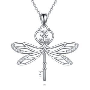 Sterling Silver Dragonfly Key Pendant Necklaces-0