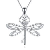 wholesale 925 Sterling Silver Cubic Zirconia Dragonfly Key Pendant Necklace for Women Girls- Rhodium Plated