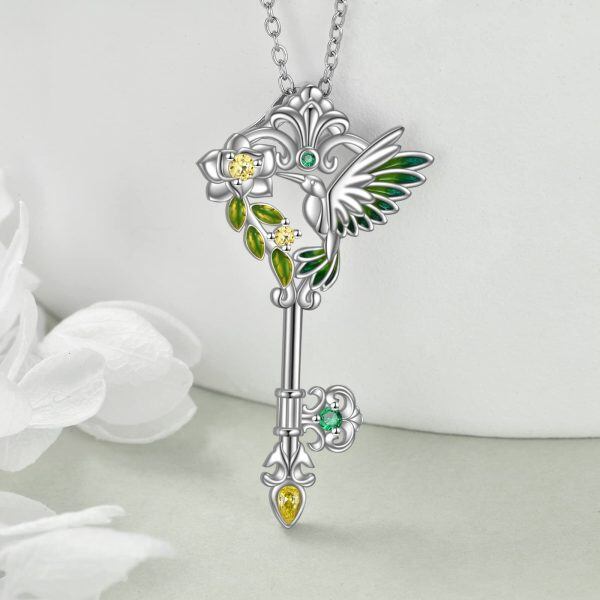 Sterling Silver Enamel Hummingbird Key Pendant Necklaces-3