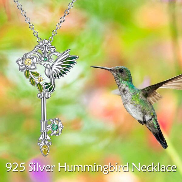 Sterling Silver Enamel Hummingbird Key Pendant Necklaces-5