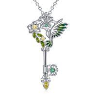 wholesale 925 Sterling Silver Key Shaped Hummingbird Pendant with Green Stones and Yellow Crystals Keepsake Jewelry for Ashes Cremation Memorial Gifts- Rhodium Plated