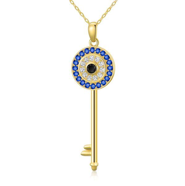 14K Solid Gold Evil Eye Key Pendant Necklaces-0