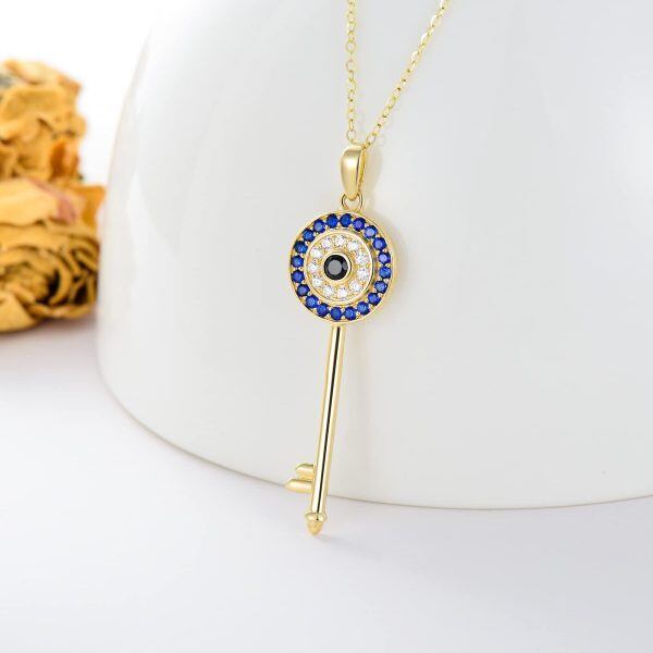 14K Solid Gold Evil Eye Key Pendant Necklaces-2