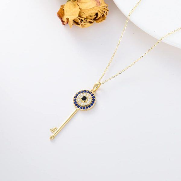 14K Solid Gold Evil Eye Key Pendant Necklaces-3