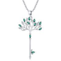 wholesale 925 Sterling Silver Green Crystal Tree of Life Key Pendant Necklace for Women Gifts- Rhodium Plated