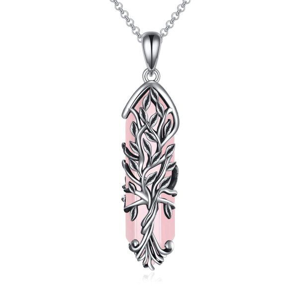 Sterling Silver Tree of Life Rose Quartz Pendant Necklaces-0