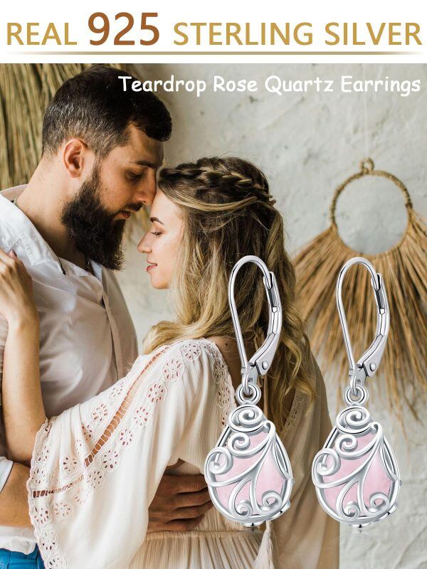 Sterling Silver Rose Quartz Dangle Earrings-5