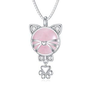 Sterling Silver Cat Rose Quartz Pendant Necklaces-0