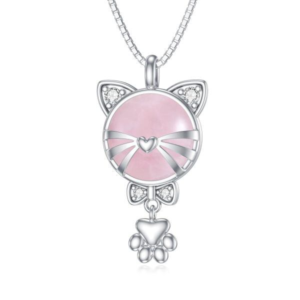 Sterling Silver Cat Rose Quartz Pendant Necklaces-0