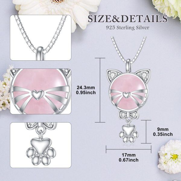 Sterling Silver Cat Rose Quartz Pendant Necklaces-1