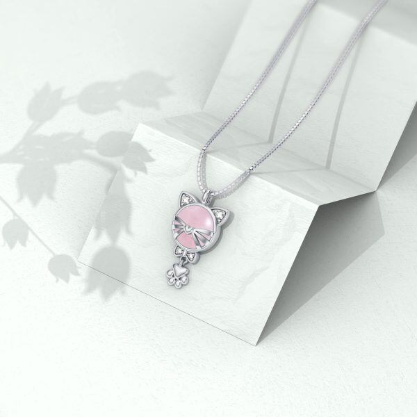 Sterling Silver Cat Rose Quartz Pendant Necklaces-4