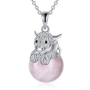 Sterling Silver Cow Rose Quartz Pendant Necklaces-0