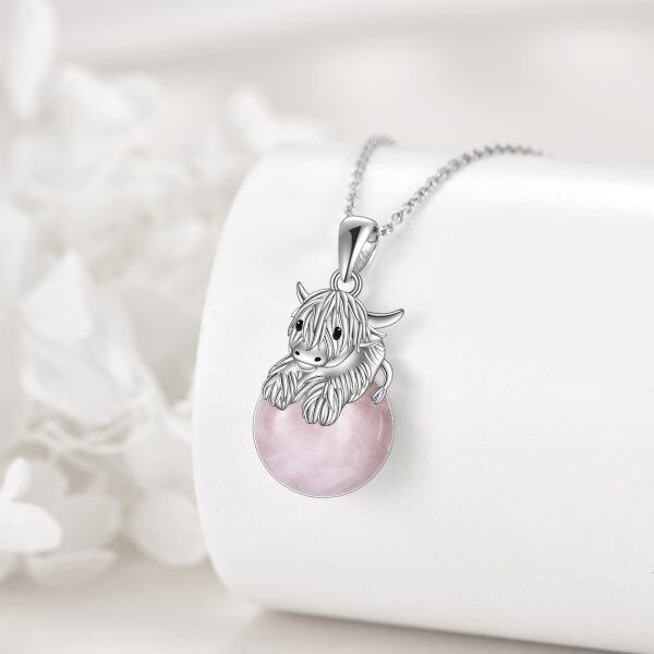 Sterling Silver Cow Rose Quartz Pendant Necklaces-3