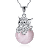 wholesale 925 Sterling Silver Pink Rose Quartz Highland Cow Pendant Necklace for Women- Rhodium Plated