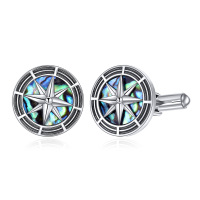 wholesale 925 Sterling Silver Compass Design Abalone Shell Inlay Mens Cufflinks for Dress Shirts Formal Wear Gifts - 1 Pair (Silver)- Oxidized/Oxidised