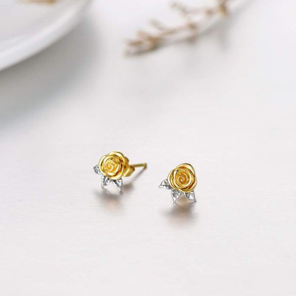 14K Gold Rose Flower Stud Earring-5