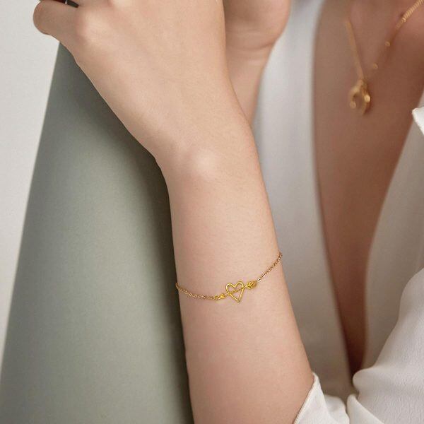 14K Solid Gold Cupid Arrow Heart Chain Bracelets-3