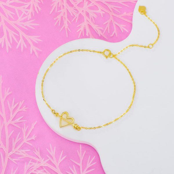 14K Solid Gold Cupid Arrow Heart Chain Bracelets-4