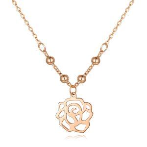 18K Real Gold Hollow Rose Flower Pendant Necklace with Bead Chain-0