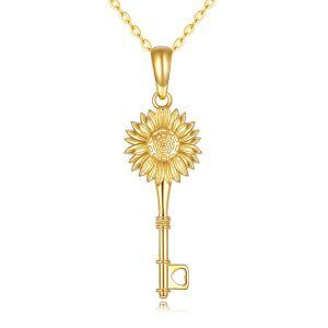 14K Solid Gold Sunflower Flower Key Pendant Necklaces-0