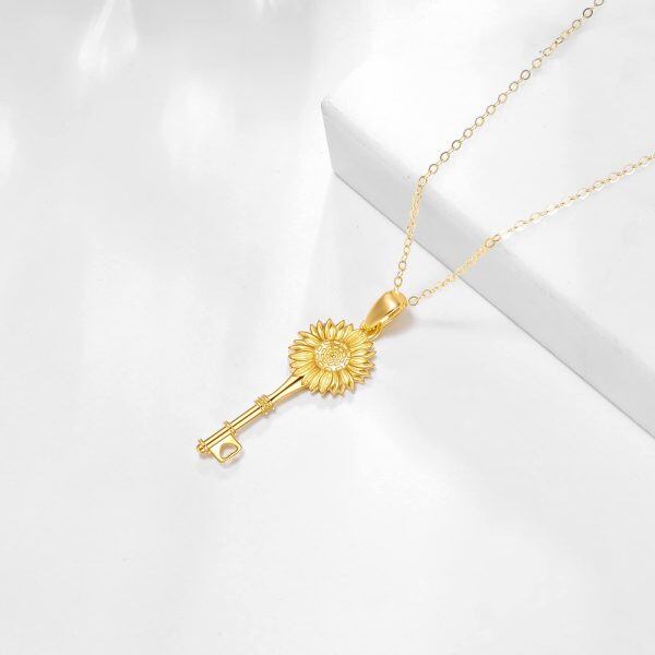 14K Solid Gold Sunflower Flower Key Pendant Necklaces-4