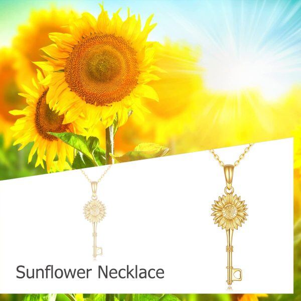 14K Solid Gold Sunflower Flower Key Pendant Necklaces-5