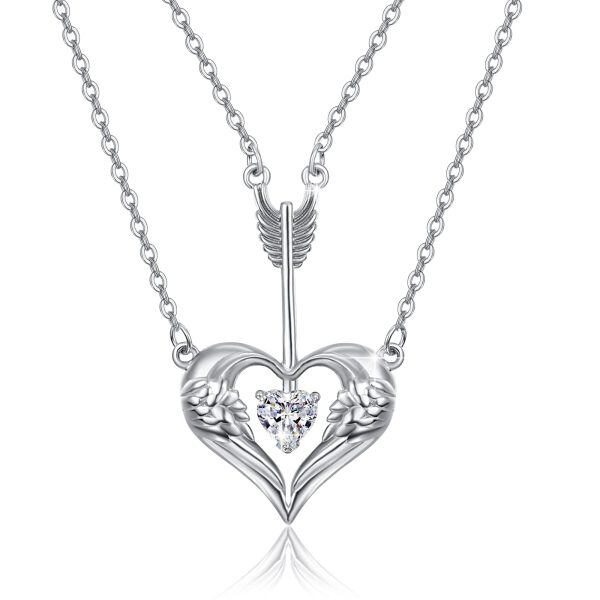 Sterling Silver Double Layered Arrow Angel Wings Heart Pendant Necklaces-0