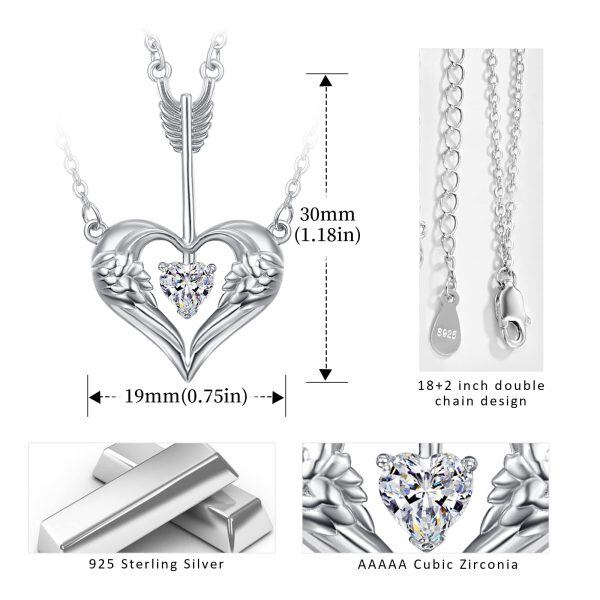 Sterling Silver Double Layered Arrow Angel Wings Heart Pendant Necklaces-1