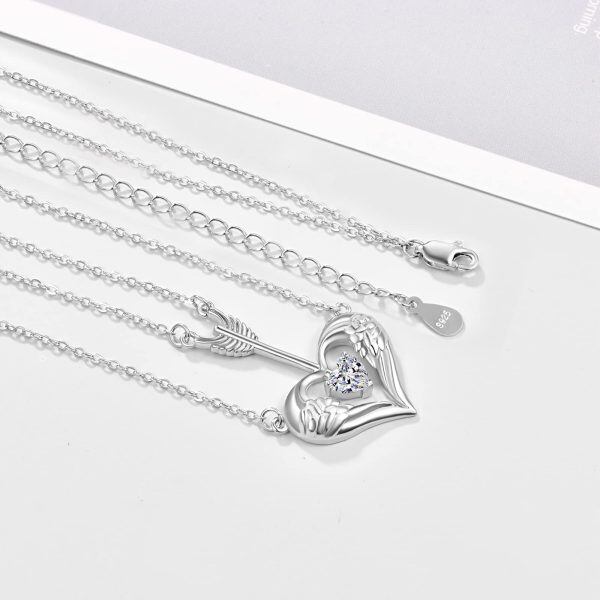 Sterling Silver Double Layered Arrow Angel Wings Heart Pendant Necklaces-4