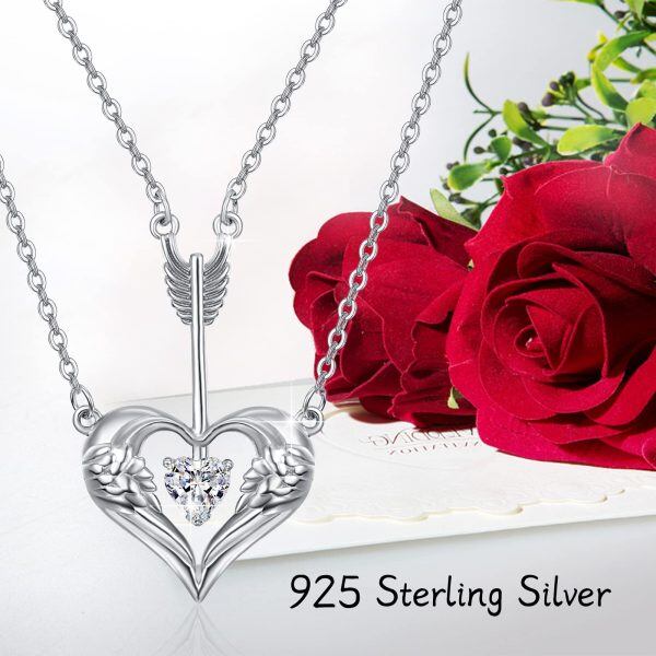 Sterling Silver Double Layered Arrow Angel Wings Heart Pendant Necklaces-5