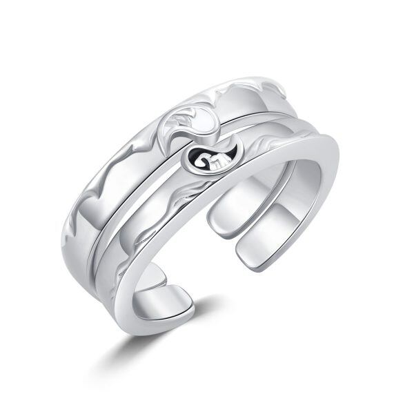 Sterling Silver Mountain Sea Couple Adjustable Ring-0