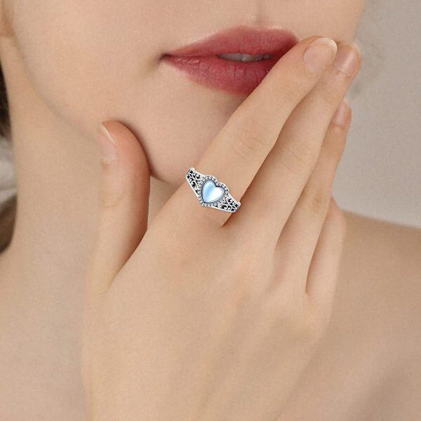 Sterling Silver Moonstone Heart Stacking Rings-2