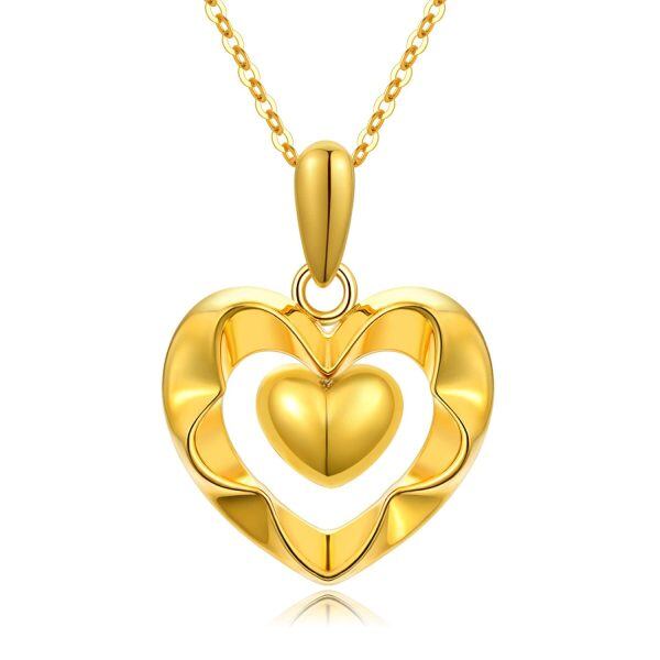 18K Gold Shiny Diamond Cut Surface Double Heart Pendant Necklace-0