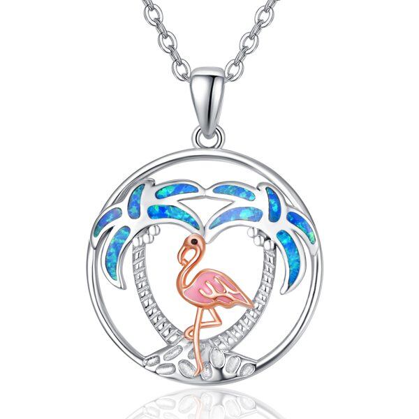 Sterling Silver Pink Flamingo Pendant Necklace with Blue Opal-0