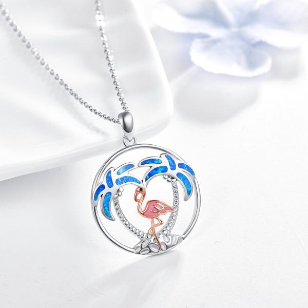 Sterling Silver Pink Flamingo Pendant Necklace with Blue Opal-4