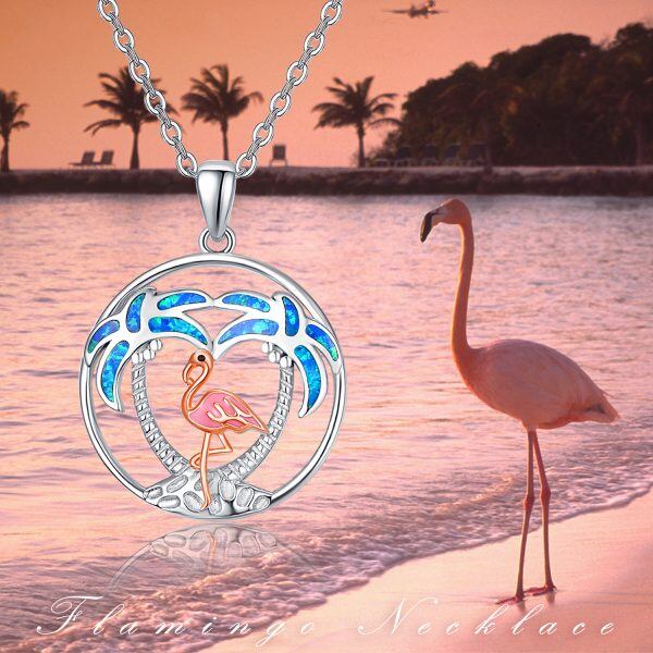 Sterling Silver Pink Flamingo Pendant Necklace with Blue Opal-5