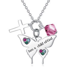 Sterling Silver Cross Butterfly Pendant Necklace with October Birthstone Pink Crystal-0