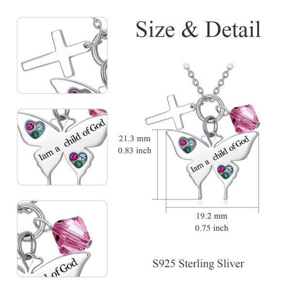 Sterling Silver Cross Butterfly Pendant Necklace with October Birthstone Pink Crystal-1