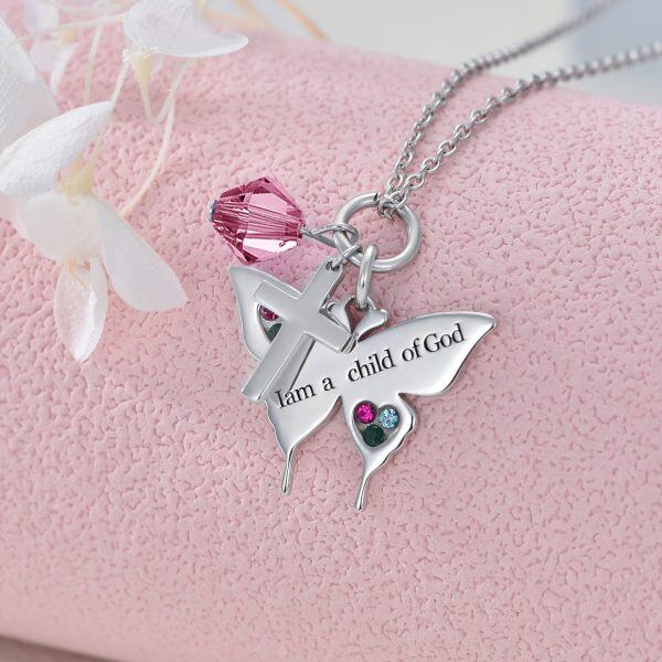 Sterling Silver Cross Butterfly Pendant Necklace with October Birthstone Pink Crystal-3