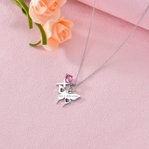 Sterling Silver Cross Butterfly Pendant Necklace with October Birthstone Pink Crystal-4