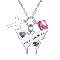 wholesale 925 Sterling Silver Heart-Shaped Pink Crystal Cross & Butterfly Pendant Necklace for Baptisms- Rhodium Plated