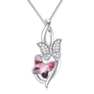 Sterling Silver Pink Butterfly Pendant Necklace-0