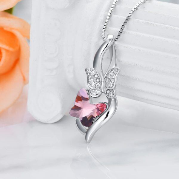 Sterling Silver Pink Butterfly Pendant Necklace-3