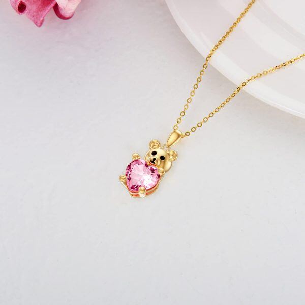 Sterling Silver Bear Heart Pendant Necklace with Pink Moissanite-3