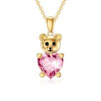 wholesale 10K Gold Pink Crystal Heart Teddy Bear Pendant Necklace for Women Girls s- Gold Plated