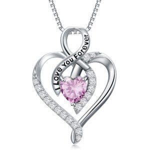 Sterling Silver Pink Haert Pendant Necklace with October Birthstone-0